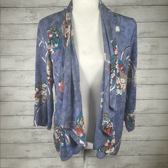 Citron Santa Monica Smoke Blue Floral Open Front Silk Jacket Size Medium Petite - Picture 1 of 8